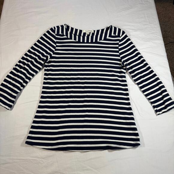 Monteau womens boatneck navy white stripe 3/4 sleeve elbow patch L. Nautical - Picture 7 of 8